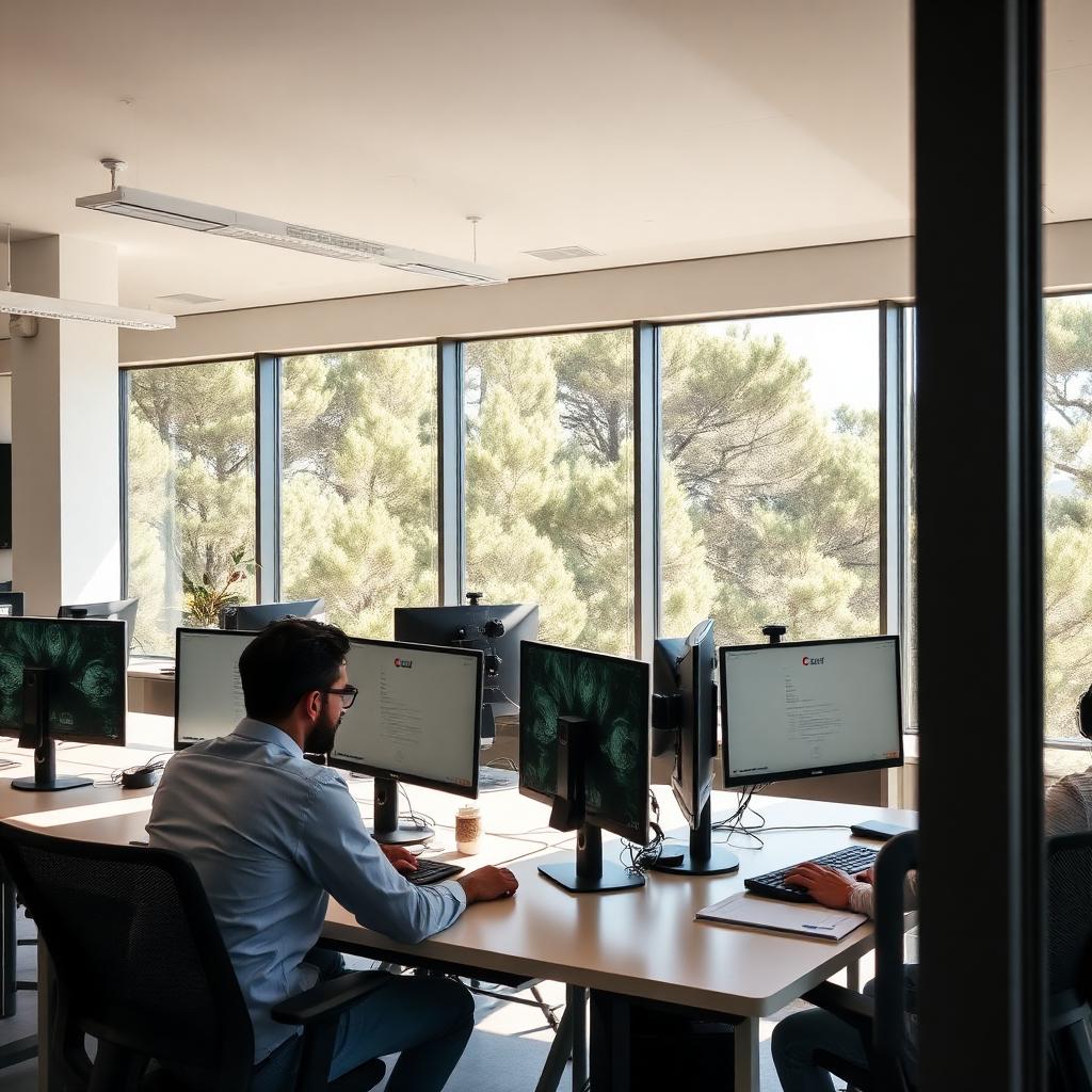 Openspace tech au petit matin, écrans allumés